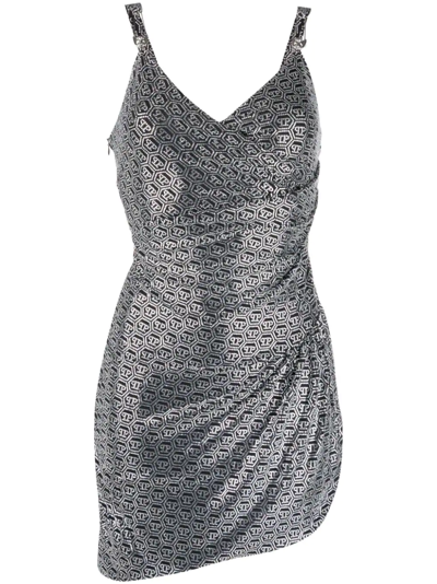 Philipp Plein Crystal-embellished Logo Mini Dress In Grey