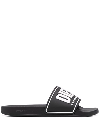 Diesel Embossed Logo Rubber Slide Sandals In Black