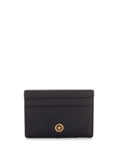 Versace Medusa Leather Cardholder In Black Gold