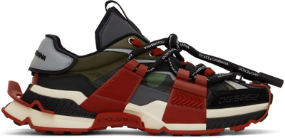 Dolce & Gabbana Space Sneakers In Leather With Contrasting Inserts In Black,khaki,red