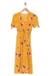 Socialite Puffy Sleeves Floral V-neck Midi Dress In Yellow Pink Floral