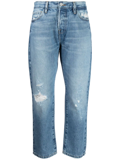 Frame Cropped Straight-leg Distressed Jeans In Blau