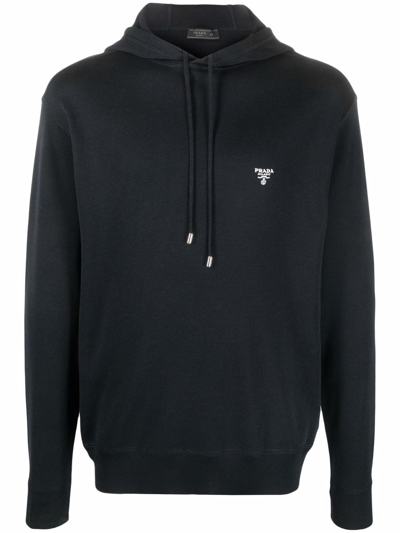 Prada Logo-embroidered Knitted Hoodie In Schwarz
