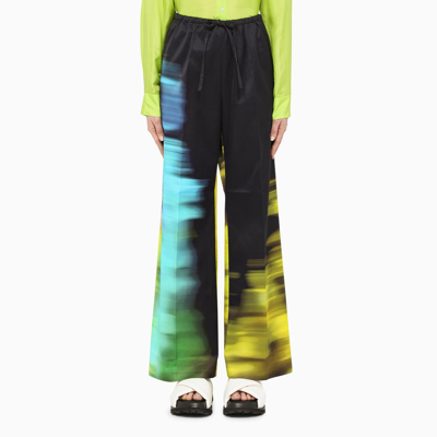 Dries Van Noten Blurred Market-print Wide Leg Cotton-satin Pants In Black