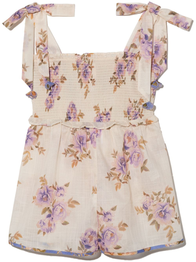 Zimmermann Kids' Floral-print Cotton Playsuit In Neutrals