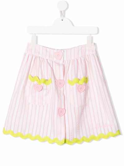 Moschino Kids' Heart-button Striped Skirt In Pink