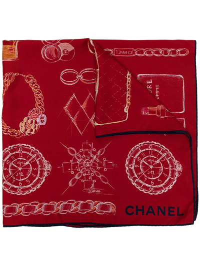 Pre-owned Chanel 图案印花真丝围巾 In Red