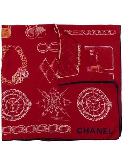 Pre-owned Chanel Graphic-print Silk Scarf In Red