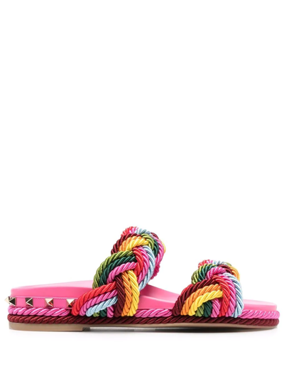 Valentino Garavani Rockstud Rope Flat Sandals In Pink,red,green