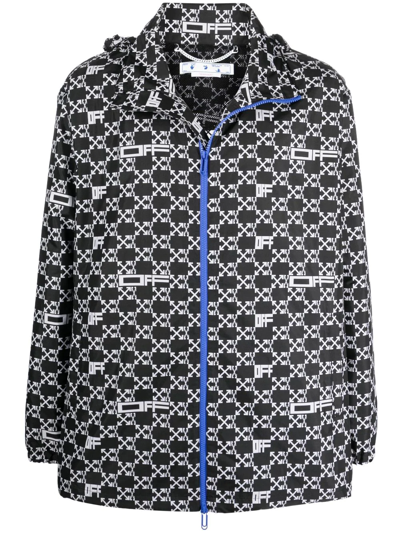 Off-white Monogram Print Hooded Windbreaker In Black