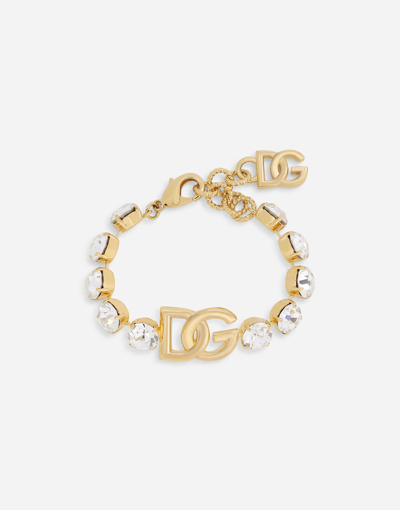 Dolce & Gabbana Logo-plaque Crystal-embellished Bracelet In Gold