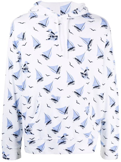 Polo Ralph Lauren Boat-print Cotton Pullover Hoodie In Bianco/blu