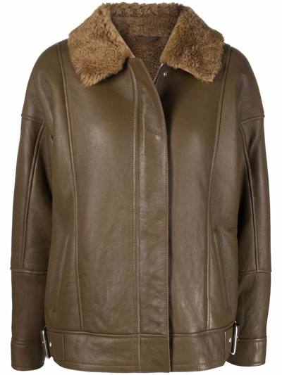 Common Leisure Shearling-trim Leather Jacket In Green