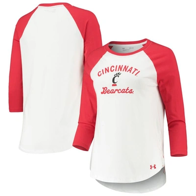 Under Armour Women's  White And Red Cincinnati Bearcats Baseball Raglan 3/4 Sleeve T-shirt In White,red