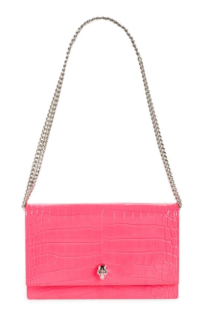 Alexander Mcqueen Skull Mini Embellished Neon Croc-effect Leather Shoulder Bag In Neon Pink