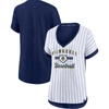 Fanatics Women's White, Navy Milwaukee Brewers Iconic Noise Factor Pinstripe V-neck T-shirt In White