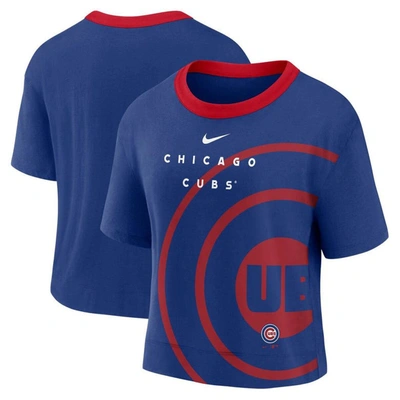 Nike Women's  Royal And Red Chicago Cubs Team First High Hip Boxy T-shirt In Royal,red