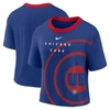 NIKE NIKE ROYAL/RED CHICAGO CUBS TEAM FIRST HIGH HIP BOXY T-SHIRT