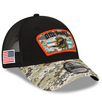 New Era Men's Black-camouflage Miami Dolphins 2021 Salute To Service Trucker 9forty Snapback Adjustable Hat