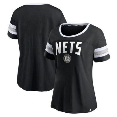 Fanatics Women's  Black And Heathered Gray Brooklyn Nets Block Party Striped Sleeve T-shirt In Black,heathered Gray