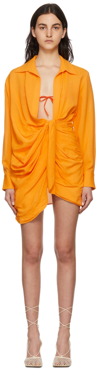 Jacquemus La Robe Bahia平纹针织垂褶迷你连衣裙 In Orange