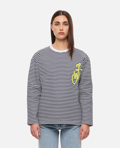 Jw Anderson Embroidered Striped Cotton-jersey T-shirt In Black,white