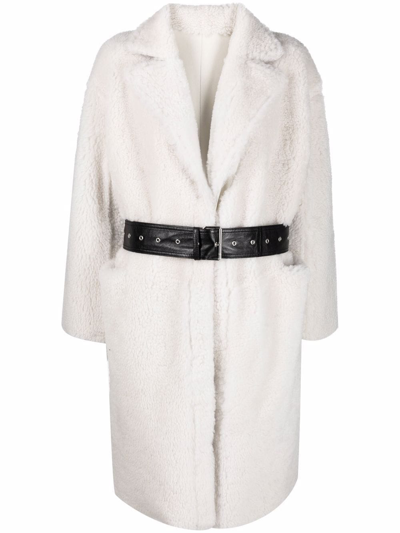 Common Leisure Shearling Belted Midi Coat In Neutrals