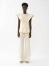 Chloé Ruffled Smocked Linen And Silk-blend Twill Peplum Blouse In Seedpearl Beige