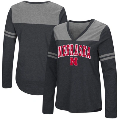 Colosseum Women's Black Nebraska Huskers Core Heritage Arch Logo V-neck Long Sleeve T-shirt