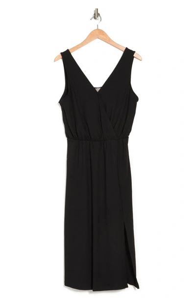 Dual Nature Surplice Neck Rib Knit Midi Dress In Black