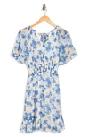 Collective Concepts Printed Smocked Waist Dress In White / Blue
