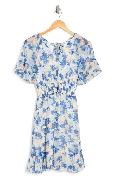Collective Concepts Printed Smocked Waist Dress In White / Blue