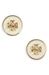 Tory Burch Kira Logo Colored Disc Stud Earrings In Tory Gold / New Ivory