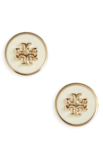 Tory Burch Kira Logo Coloured Disc Stud Earrings In New Ivory