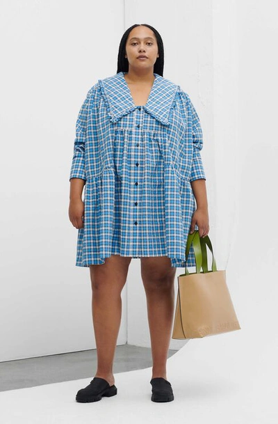 Ganni Oversized Seersucker Mini Dress Check Azure Blue Size 36