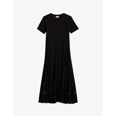 CLAUDIE PIERLOT WOMENS NOIR / GRIS TELIE PLEATED COTTON MIDI DRESS,44481029