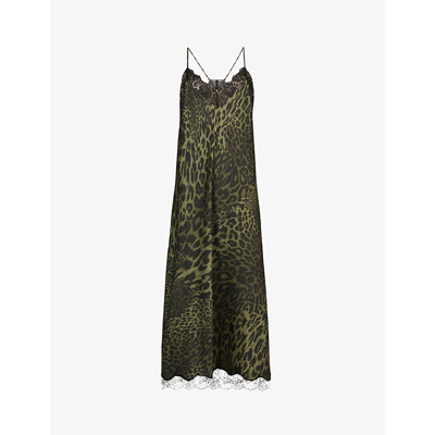 Allsaints Womens Khaki Green Tigi Kiku Leopard-print Satin Midi Dress 6 |  ModeSens