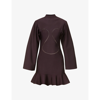 Alaïa Womens Aubergine Embroidered Ruffle-hem Woven Mini Dress 10 In Aubergine