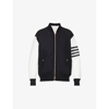 THOM BROWNE STRIPED-TRIM STAND-COLLAR WOOL AND LEATHER BOMBER JACKET
