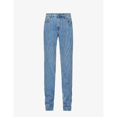 Mugler Seam-embellished Straight-leg High-rise Stretch-denim Jeans In Blue