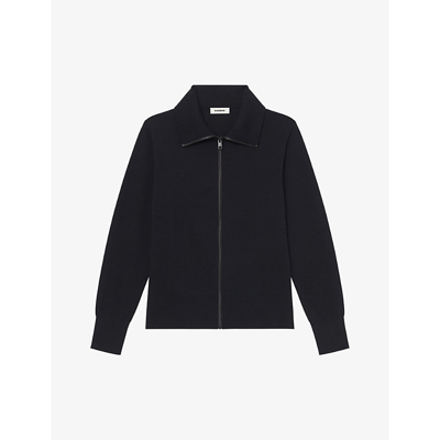 Sandro Zip-up Trucker-style Wool Cardigan In Black