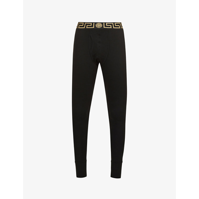 Versace Baroque-print Fitted Stretch-cotton Leggings In Black Gold Greek Key