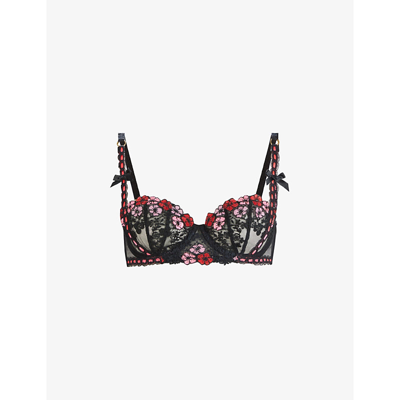 Agent Provocateur Petunia Floral-embroidered Woven Bra In Black Pink Red