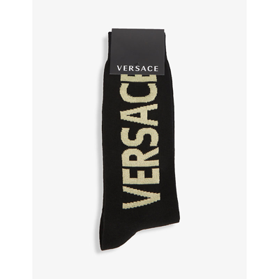 Versace Athletic Brand-embroidered Cotton-blend Socks In Black-gold