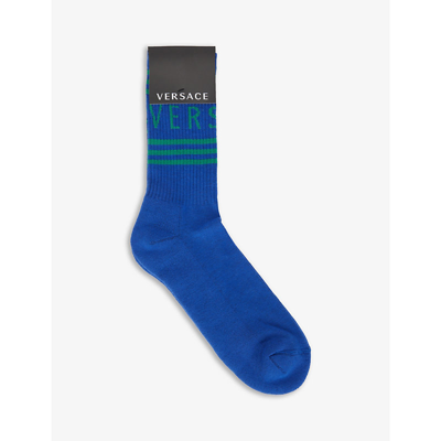 Versace Athletic Brand-embroidered Cotton-blend Socks In Sapphire+neon Green