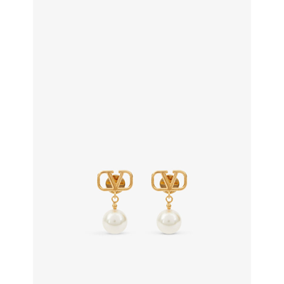 Valentino Garavani Vlogo Brass And Pearl Earrings In Oro 18/cream