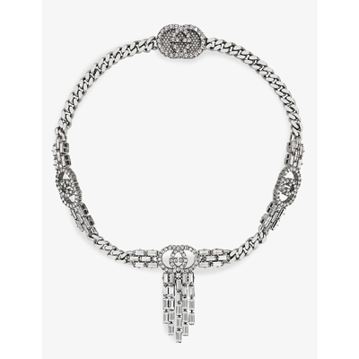 Gucci Interlocking Gg Crystal-embellished Brass Choker In Silver