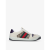 GUCCI WOMEN'S SCREENER WEB STRIPE-DETAIL LEATHER AND CANVAS TRAINERS