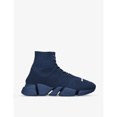 Balenciaga Men's Speed 2 0 Lace Up Recycled Knit Sneaker In Navy