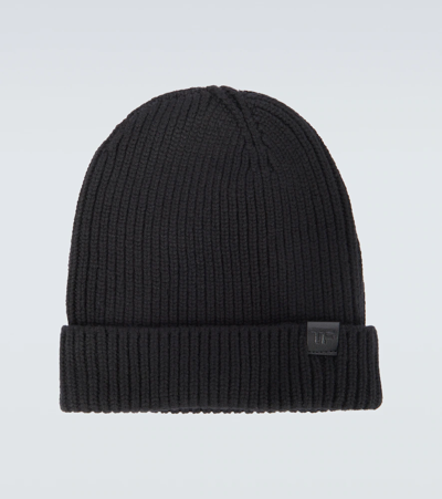 Tom Ford Leather-trimmed Ribbed Cashmere Beanie In Black